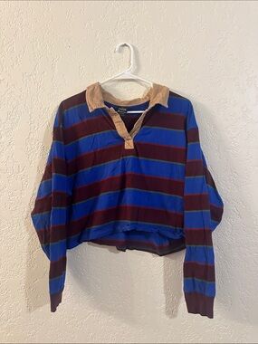 Stranger Things Cropped Rugby Shirt - Blue & Burgundy